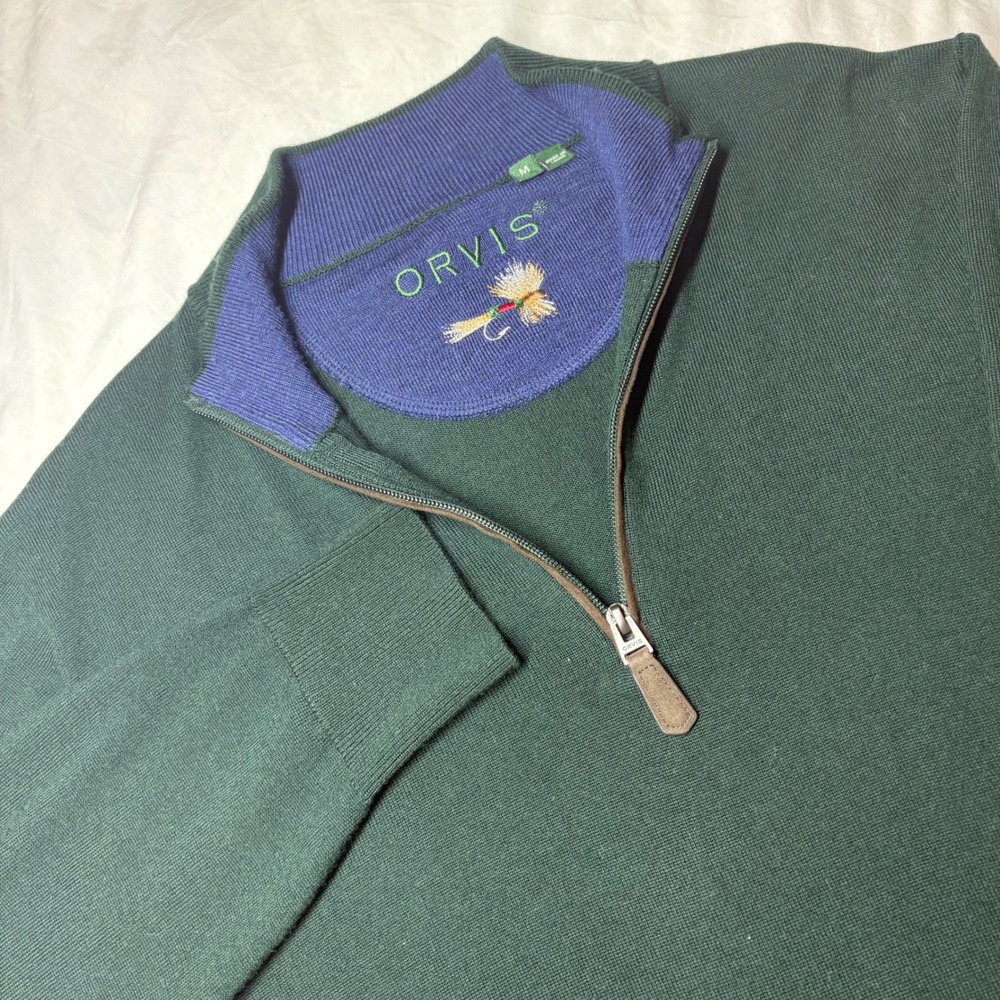 Orvis Quarter Zip Pullover Sweater Green Merino Wool Embroidered Fly Fishing M‎